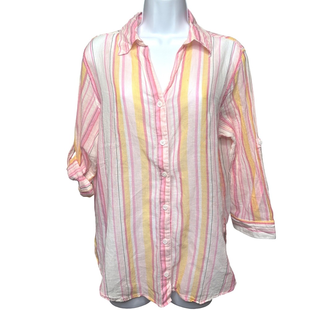 FRESH PRODUCE Womens Pink Yellow Gauze Striped Button Up Roll Tab Top L Tropical